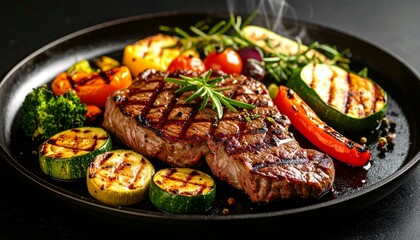 Cheesy beef steak and grilled vegetables on hot plate
