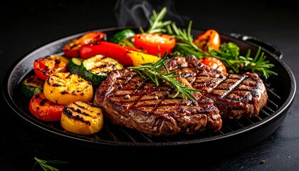 Cheesy beef steak and grilled vegetables on hot plate
