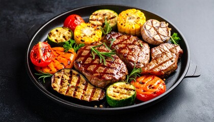 Cheesy beef steak and grilled vegetables on hot plate
