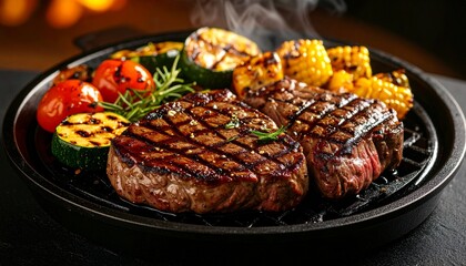 Cheesy beef steak and grilled vegetables on hot plate
