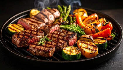 Cheesy beef steak and grilled vegetables on hot plate
