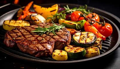 Cheesy beef steak and grilled vegetables on hot plate
