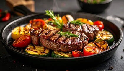 Cheesy beef steak and grilled vegetables on hot plate
