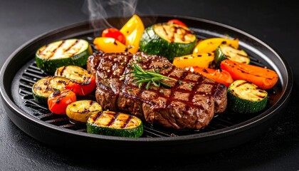 Cheesy beef steak and grilled vegetables on hot plate
