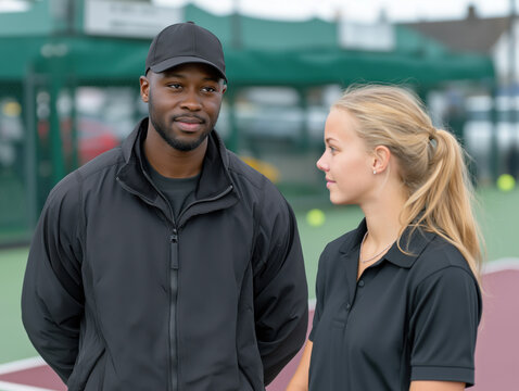 African American man and Caucasian woman, dressed in athletic attire, are engaged in conversation on a tennis court, surrounded by tennis balls and nets, showcasing a friendly coaching environment - Powered by Adobe