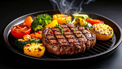 Cheesy beef steak and grilled vegetables on hot plate
