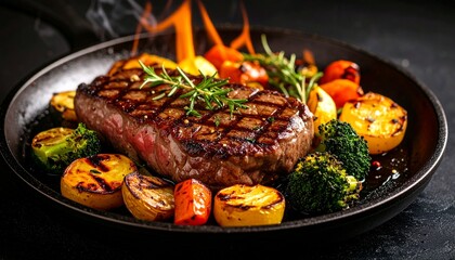 Cheesy beef steak and grilled vegetables on hot plate

