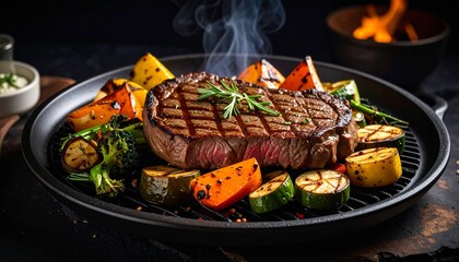 Cheesy beef steak and grilled vegetables on hot plate
