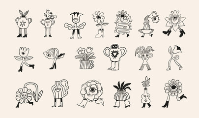 Cute flowers, houseplants and vases black and white cartoon characters