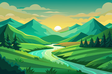 Mountain landscape with green valleys, summer meadows, and snow-capped peaks under a vast sky