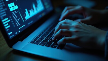 Typing code on a laptop at night under dim blue lighting.