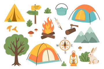 Vector illustration of camping and hiking elements including tents, campfire, trees, compass, lantern, mountains, and forest animals. Perfect for outdoor, travel, and adventure themes