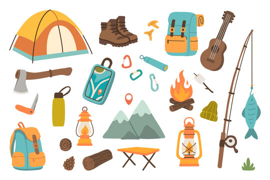 Camping and hiking simple set. Hand drawn elements of outdoor adventure: tent, backpack, fire, fishing gear, boots, lantern, tools, and mountain scenery. Perfect for travel and camping designs