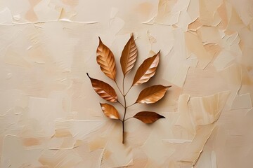 Dried autumn leaves scattered on a beige textured background, soft natural lighting, minimal composition, warm earthy tones, paper or linen texture, rustic and organic aesthetic, moody flat lay style.