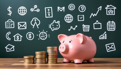Piggy Bank Surrounded by Financial Icons and Stacked Coins