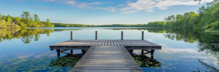 Obraz premium Wooden pier leading to calm summer lake with green trees and blue sky