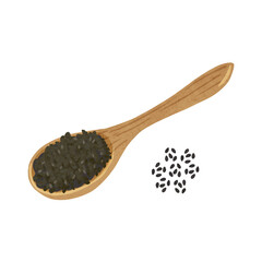 木製のスプーンと黒胡麻　水彩風手描きイラスト