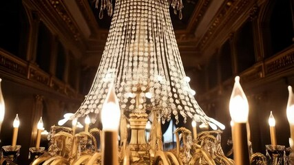 Intricate ornate chandelier with glowing candle-like lights hangs in a lavish ballroom hall, featuring golden accents and crystal decorations. - Powered by Adobe