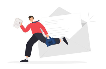 Person getting e-mail with documents, hurry up with information, communication concept, flat vector illustration