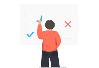 Person filing control list, questionaries, checklist with positive or negative marks, to do list or agreement, education concept, filling questionary concept, flat vector illustration