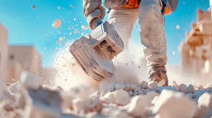 Construction site: Builder breaking concrete with mallet