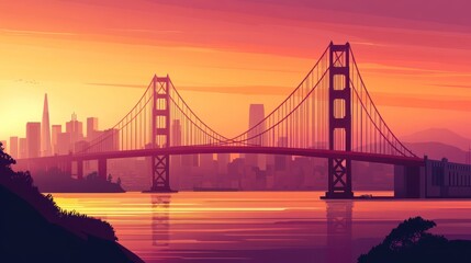 Obraz premium Golden Gate Bridge at sunset over city skyline (1)