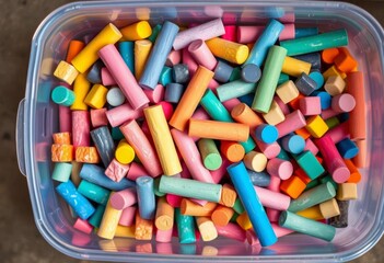 Overhead view of colorful chalk pieces in a plastic bin, education, top down view