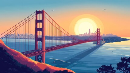 Golden Gate Bridge at sunrise, stylized illustration