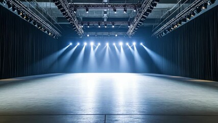 A runway with a long, empty space and a series of lights. The lights are arranged in a way that creates a sense of movement and energy. The scene is likely set for a fashion show or a performance - Powered by Adobe