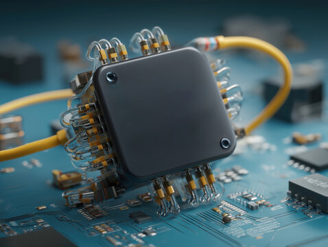 Exploring advanced computer chip technology on a circuit board in a modern lab