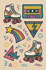 Fototapeta premium This Image Showcases A Collection Of Retro-Styled Stickers Reminiscent Of The 1980s, Including Roller Skates, A Cassette Tape, A Shooting Star, And Various Geometric Shapes In Vibrant Colors.