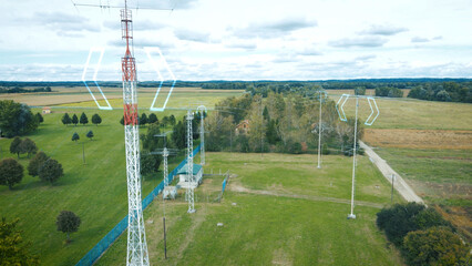 Aerial view of multiple radio stations with antennas emitting radiation signals