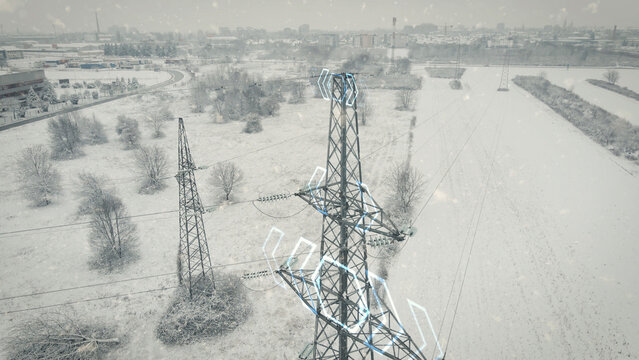Pylon energy distribution tower in a snowstorm with a 3D graphic of current flow, showing electricity stability in harsh weather. Aerial