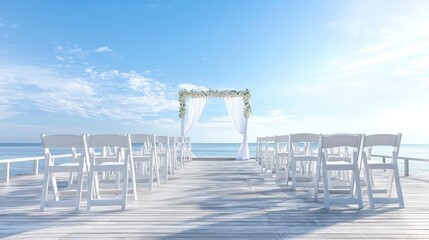 White folding chairs on a seaside wooden deck with a wedding arch.