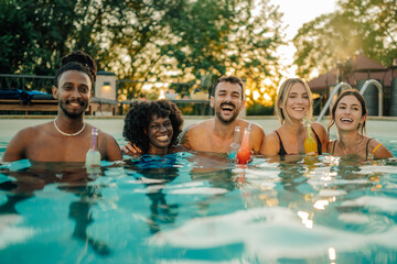 Happy friends enjoying drinks in swimming pool at sunset