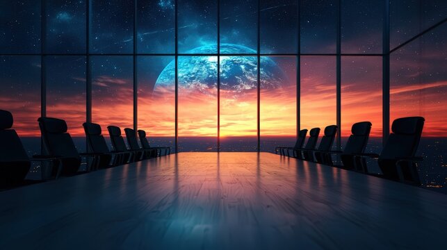A futuristic boardroom with empty chairs overlooks a stunning cosmic view of Earth rising against a colorful sunset sky.
