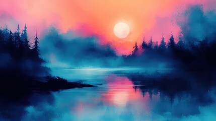 Obraz premium A serene sunset over a misty lake surrounded by dark pine trees, reflecting vivid pink and blue hues in the calm water.