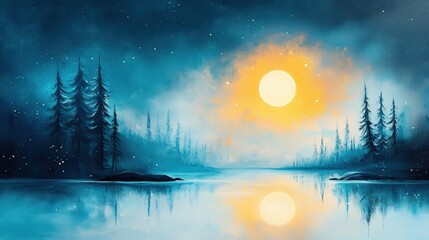 A serene night scene with a glowing full moon reflecting on calm waters surrounded by tall pine trees and a misty blue atmosphere.