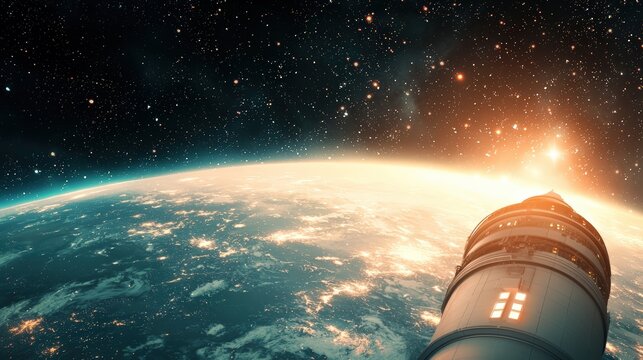 A spacecraft or satellite hovers over Earth with a glowing sunrise and a star-filled galaxy in the backdrop.