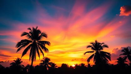 Naklejka premium Silhouetted palm trees against a vibrant tropical sunset sky, night, tropical island