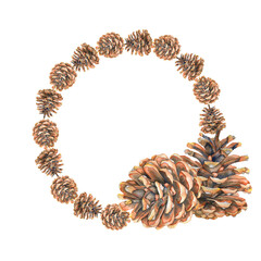 Watercolor illustration of a brown pine cone with warm autumn tones wreath painted in a realistic style. Perfect for Christmas designs, winter and fall decor, packaging, cards, and seasonal products.