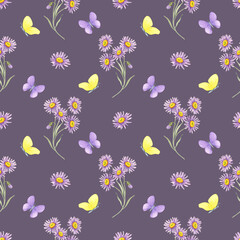 Seamless pattern watercolor illustration of yellow and lavender butterflies with aster blossoms on deep plum. Wildflowers and insects clipart Works well for gift wrap, wallpaper, and fabric prints