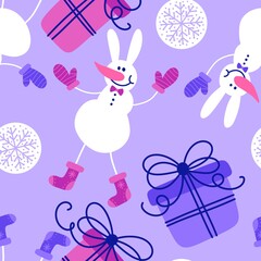 Christmas cartoon ice seamless snowman rabbit pattern for wrapping paper and fabrics