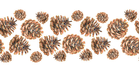 Watercolor illustration of a brown pine cone with warm autumn tones seamless border in realistic style. Perfect for Christmas designs, winter and fall decor, packaging, cards, and seasonal products.
