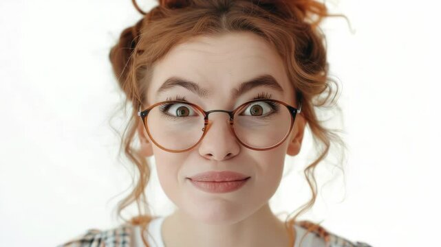 Woman with big eyes, mouth wide open and eyebrows raised, surprised by something. A portrait shot against a white backdrop.
