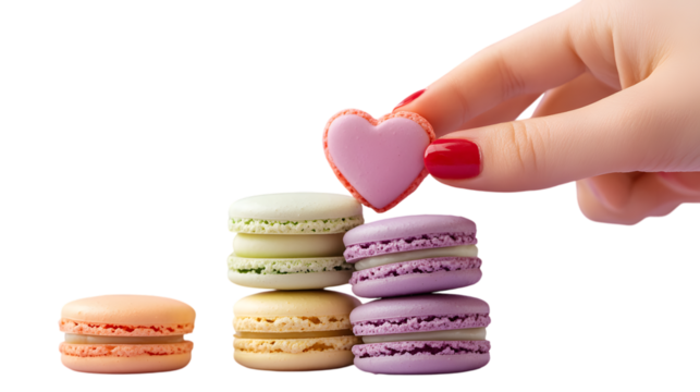 Colorful assorted French macarons with heart-shaped pink cookie held by manicured hand in red nail polish