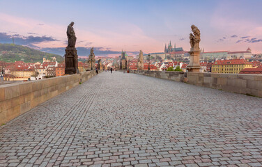 Early morning view of Charles Bridge in Prague, Czech Republic