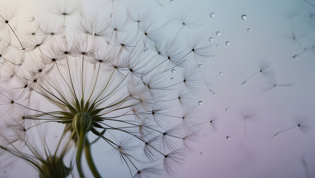 a highly detailed, cinematic, and tender macro image of delicate dew drops delicately suspended from the parachute-like dandelion seeds set against a soft, ethereal, gradient background that transitio - Powered by Adobe