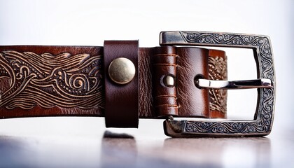 rustic leather belt with embossed design and ornate buckle