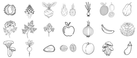 Line icons of various fruits and vegetables in minimalistic black and white design  